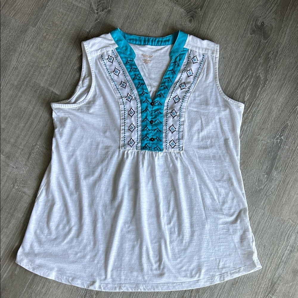 Northcrest White and Teal With Navy Embroidered Sleeveless Blouse